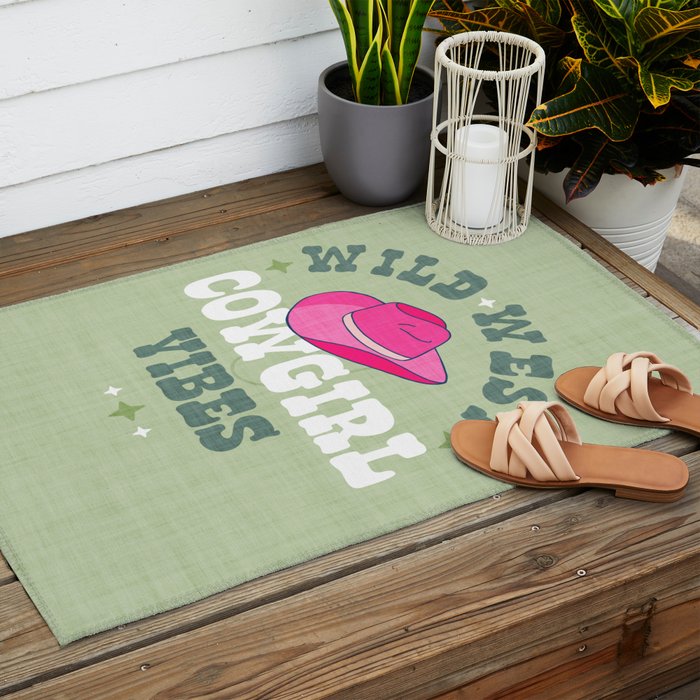 Wild-West Cowgirl Vibes with Hat Typography Pink and Green Outdoor Rug Gallery Image 2
