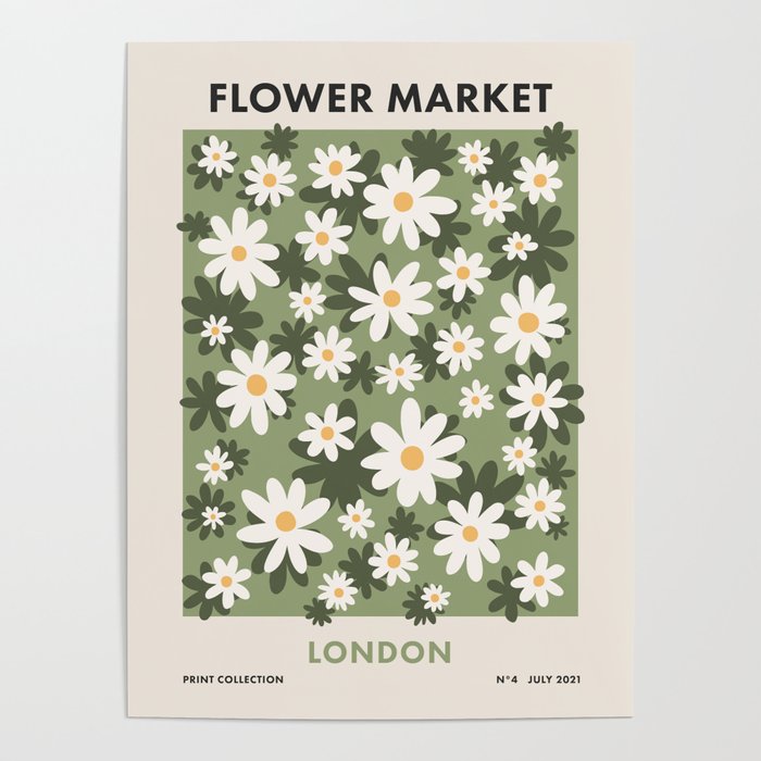 Flower Market London, Retro Daisies  Print, Green Ditsy Pattern Poster Gallery Image 1