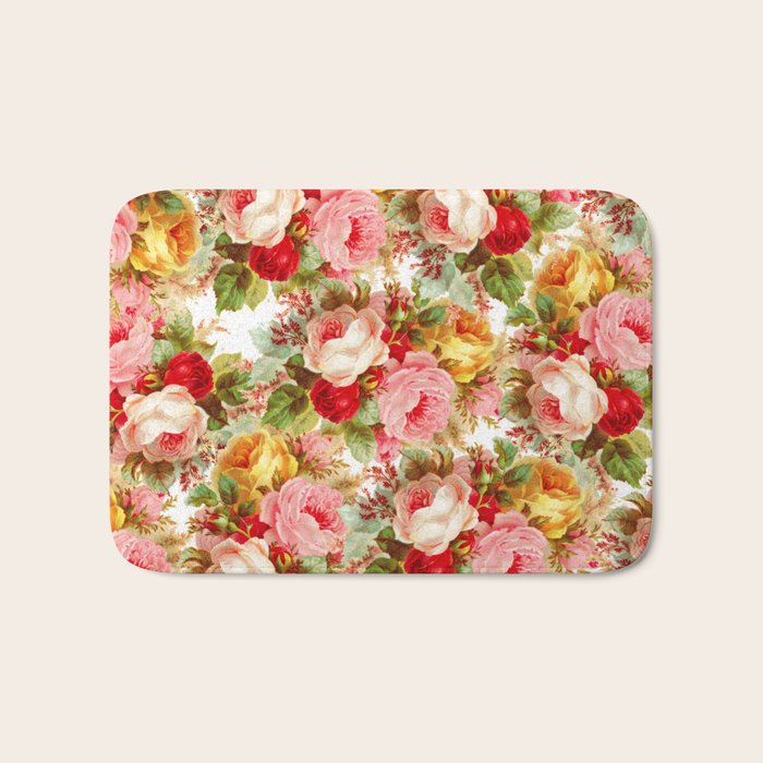 Boho chic pink yellow red roses floral vintage painting Bath Mat Gallery Image 1