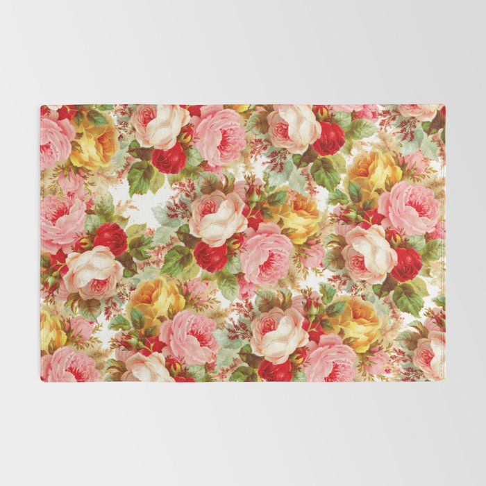 Boho chic pink yellow red roses floral vintage painting Rug Gallery Image 2