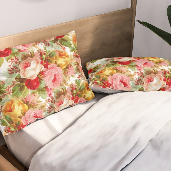 Boho chic pink yellow red roses floral vintage painting Pillow Sham Gallery Image 2