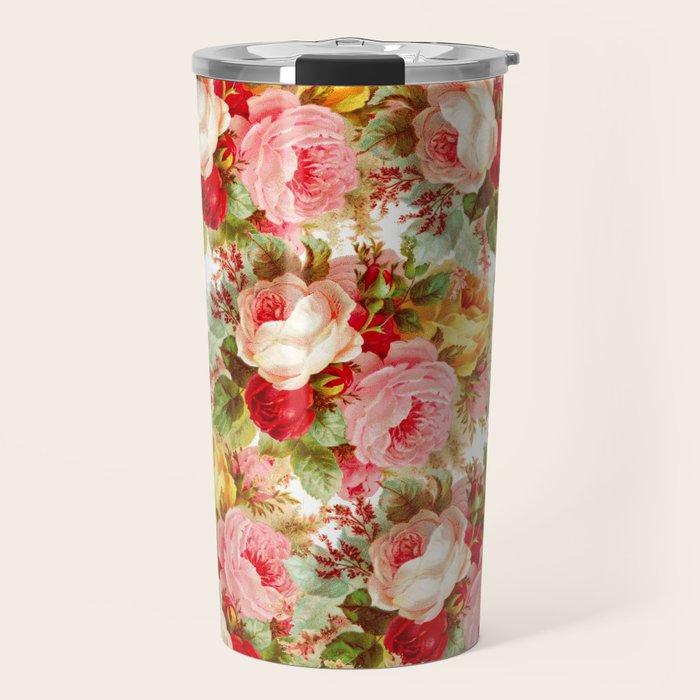 Boho chic pink yellow red roses floral vintage painting Travel Mug Gallery Image 1