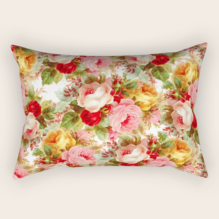 Boho chic pink yellow red roses floral vintage painting Rectangular Pillow Gallery Image 2