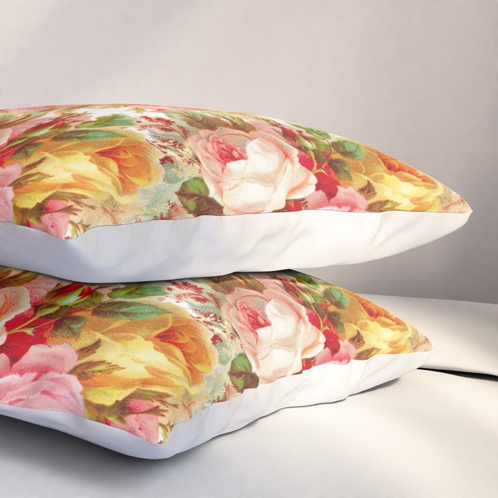 Boho chic pink yellow red roses floral vintage painting Pillow Sham Gallery Image 3