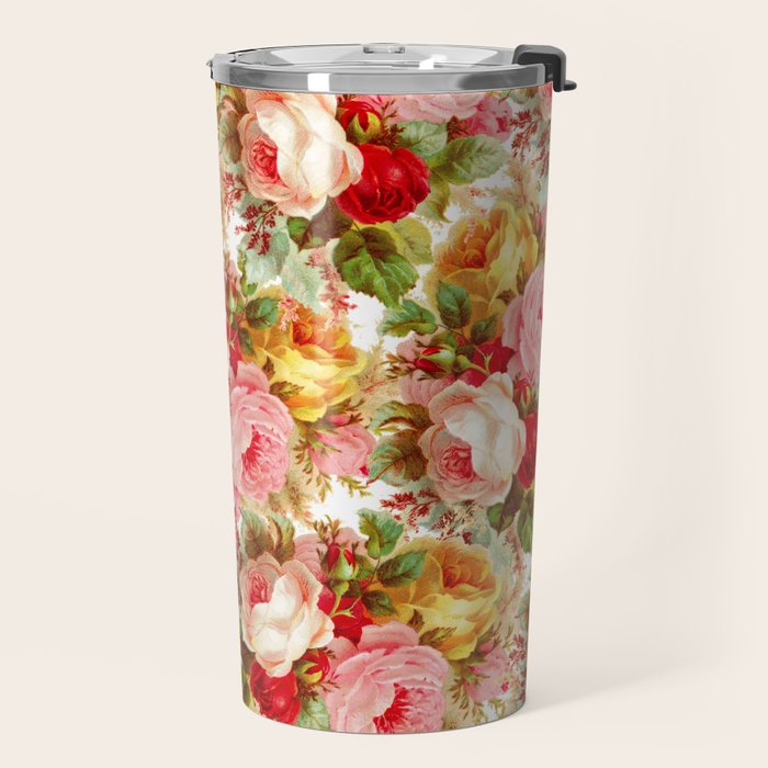 Boho chic pink yellow red roses floral vintage painting Travel Mug Gallery Image 2