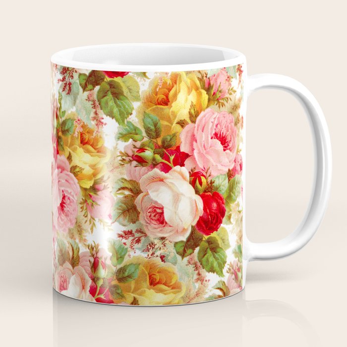 Boho chic pink yellow red roses floral vintage painting Coffee Mug Gallery Image 1