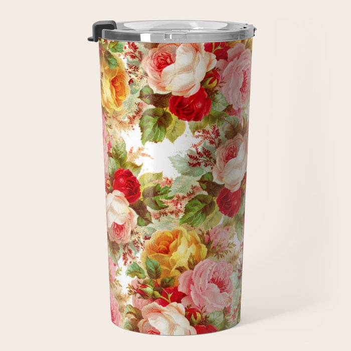 Boho chic pink yellow red roses floral vintage painting Travel Mug Gallery Image 3