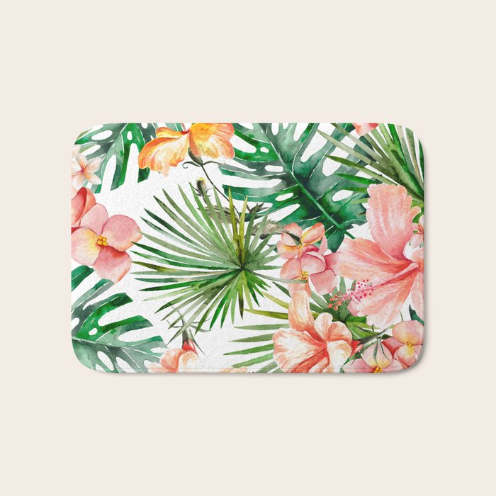 Tropical Jungle Hibiscus Flowers - Floral Bath Mat Gallery Image 1