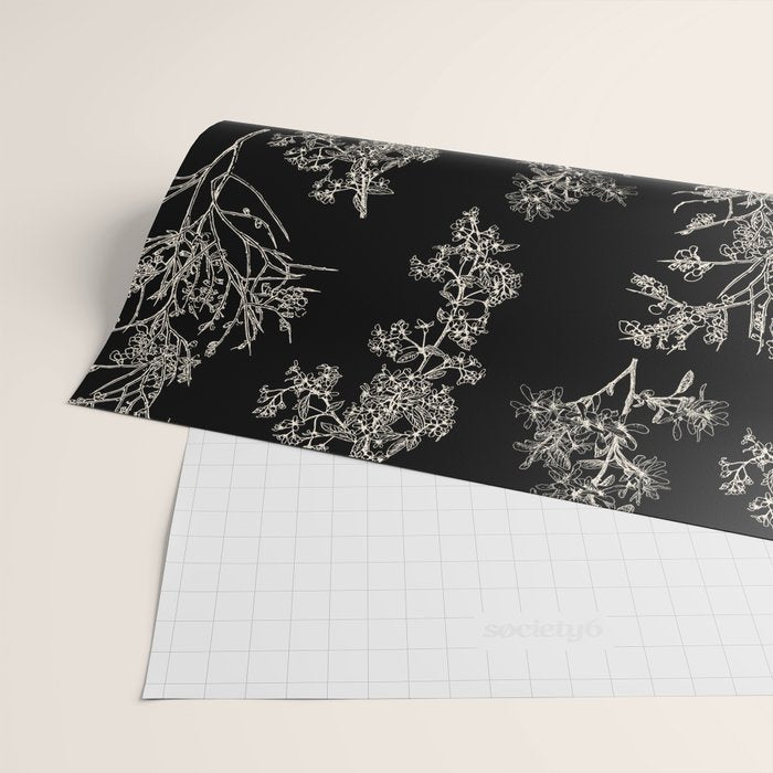Botanical Cottage Dark Floral Pattern in Black and Cream Wrapping Paper Gallery Image 2