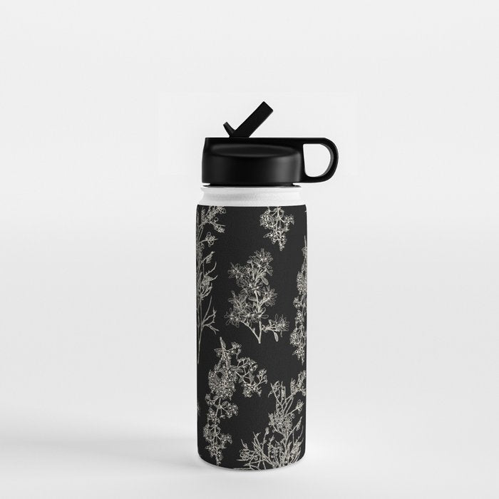 Botanical Cottage Dark Floral Pattern in Black and Cream Water Bottle Gallery Image 1