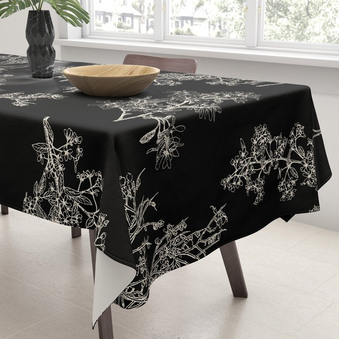 Botanical Cottage Dark Floral Pattern in Black and Cream Tablecloth Gallery Image 3