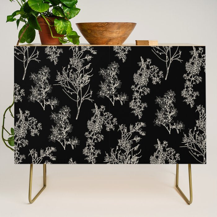 Botanical Cottage Dark Floral Pattern in Black and Cream Credenza Gallery Image 1