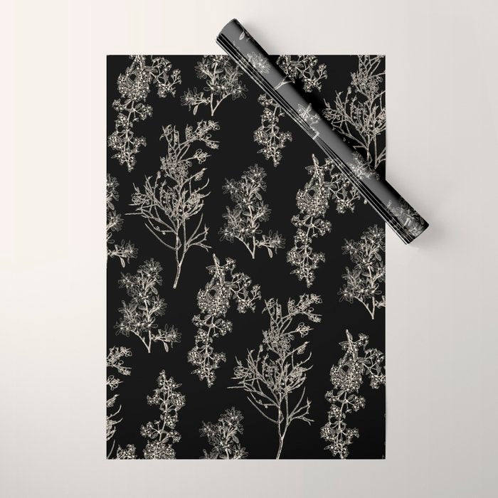 Botanical Cottage Dark Floral Pattern in Black and Cream Wrapping Paper Gallery Image 1