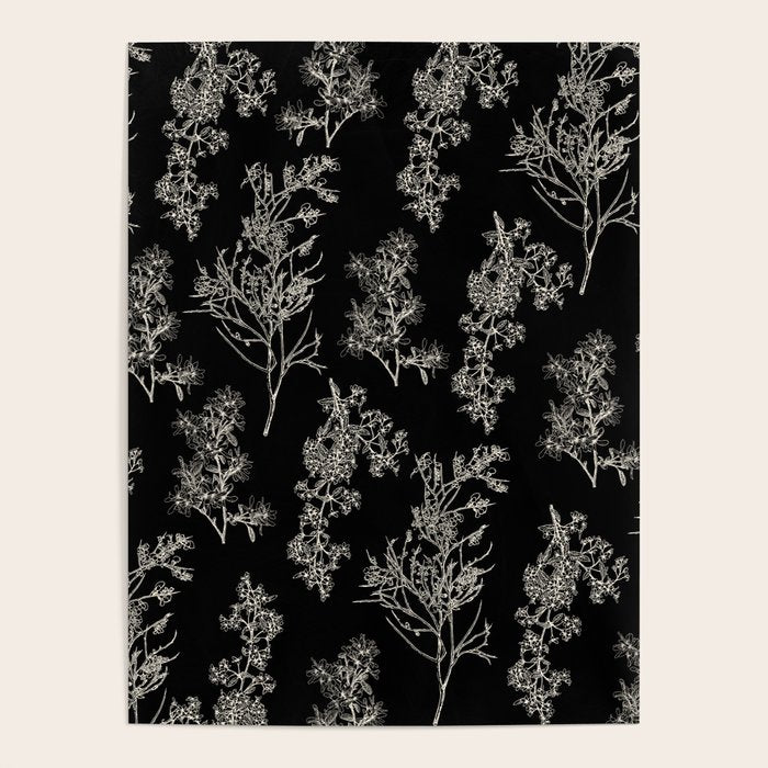 Botanical Cottage Dark Floral Pattern in Black and Cream Poster Gallery Image 4