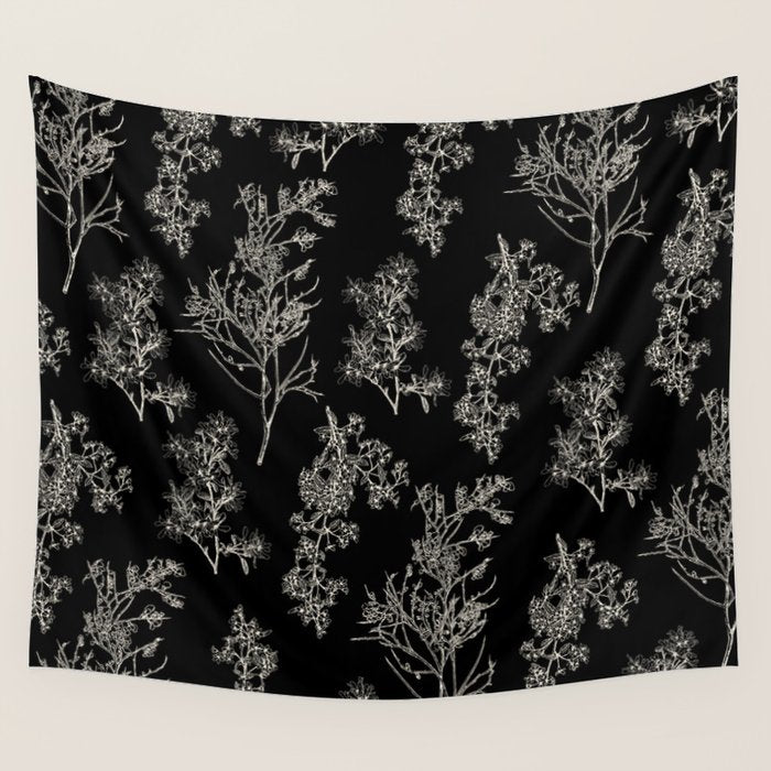 Botanical Cottage Dark Floral Pattern in Black and Cream Wall Tapestry Gallery Image 1