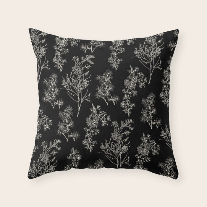 Botanical Cottage Dark Floral Pattern in Black and Cream Throw Pillow Gallery Image 6
