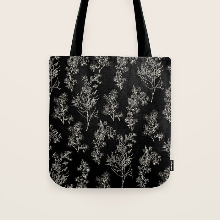 Botanical Cottage Dark Floral Pattern in Black and Cream Tote Bag Gallery Image 1