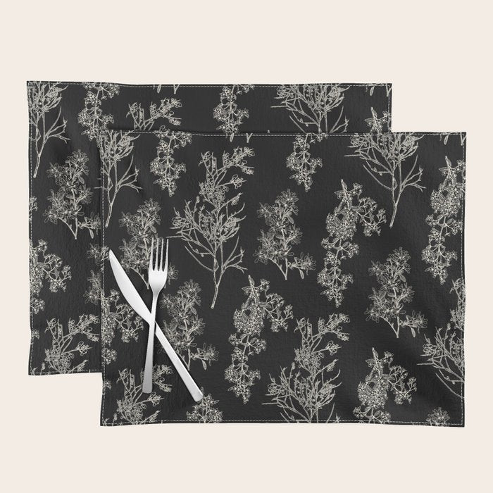 Botanical Cottage Dark Floral Pattern in Black and Cream Placemat Gallery Image 1