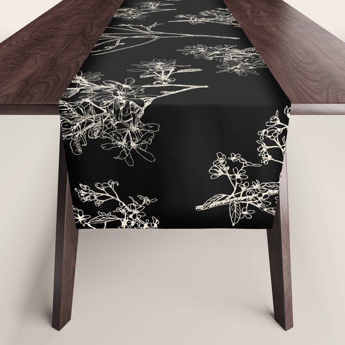 Botanical Cottage Dark Floral Pattern in Black and Cream Table Runner Gallery Image 1