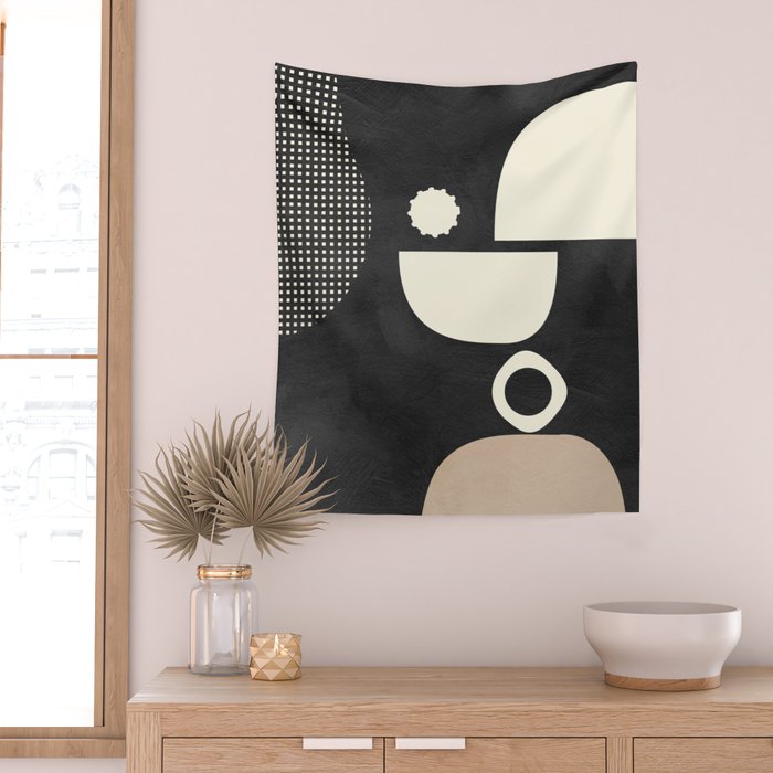 minimal black white shapes mid century Wall Tapestry Gallery Image 2