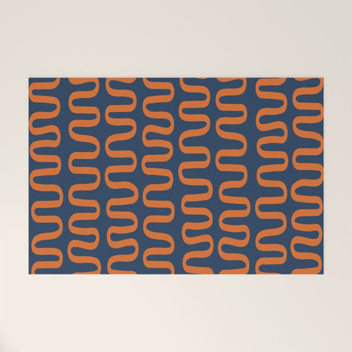Abstract Shapes 268 in Navy Blue and Orange (Snake Pattern Abstraction) Welcome Mat Gallery Image 1