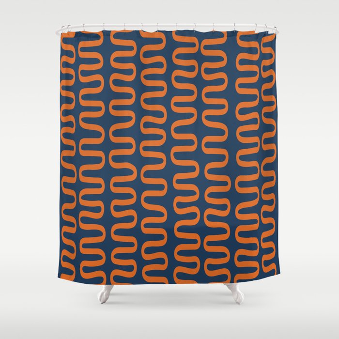 Abstract Shapes 268 in Navy Blue and Orange (Snake Pattern Abstraction) Shower Curtain Gallery Image 1