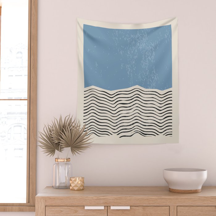 Mid Century Modern Minimalist Blue Waves Rothko Inspired Color Field With Lines Geometric Style  Wall Tapestry Gallery Image 2