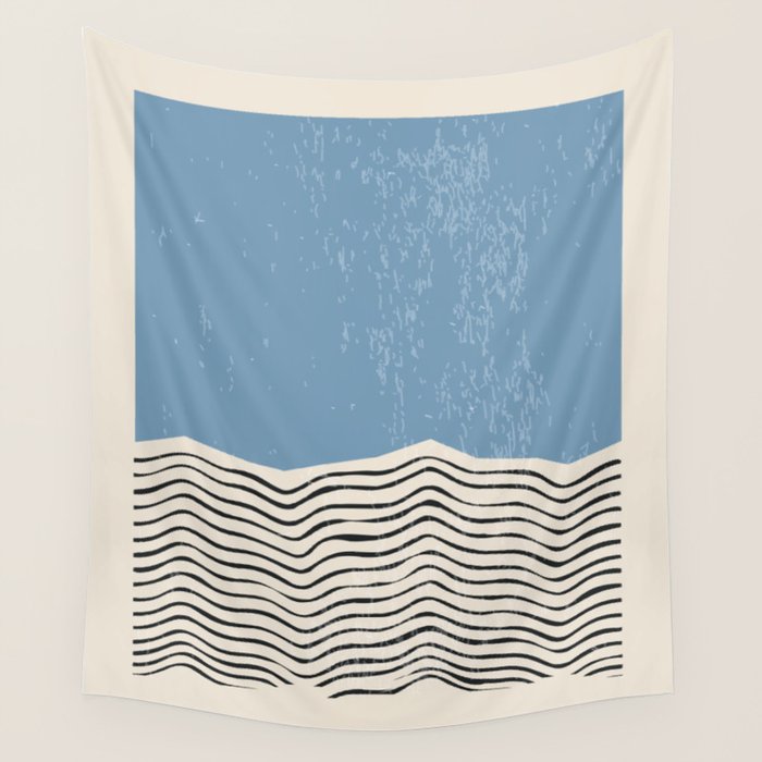 Mid Century Modern Minimalist Blue Waves Rothko Inspired Color Field With Lines Geometric Style  Wall Tapestry Gallery Image 4