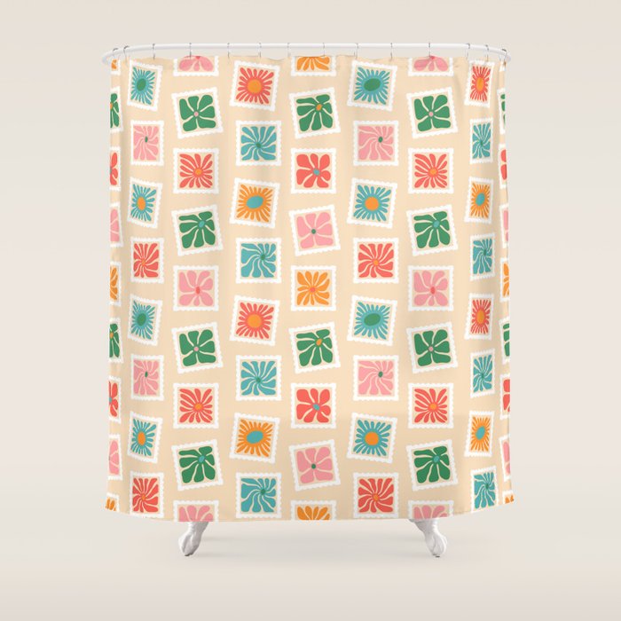 Vintage flower postage stamp pattern Shower Curtain Gallery Image 1