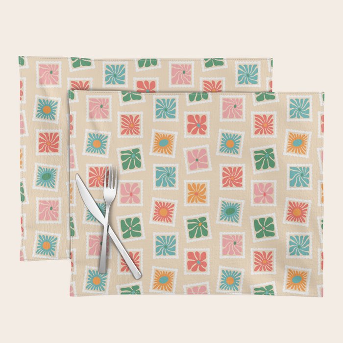 Vintage flower postage stamp pattern Placemat Gallery Image 1