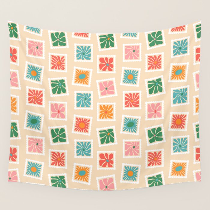 Vintage flower postage stamp pattern Wall Tapestry Gallery Image 1