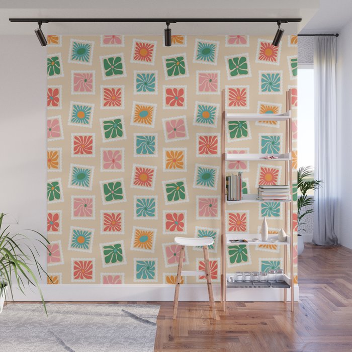 Vintage flower postage stamp pattern Wall Mural Gallery Image 1