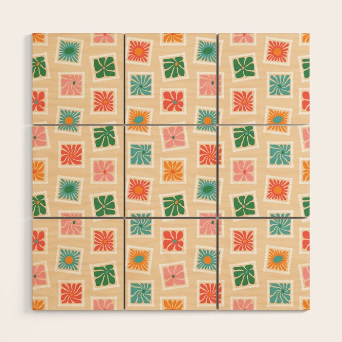 Vintage flower postage stamp pattern Wood Wall Art Gallery Image 1