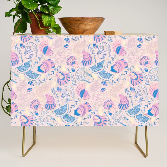 Coastal Oysters on the Beach in Pastel Pink & Blue Credenza Gallery Image 1
