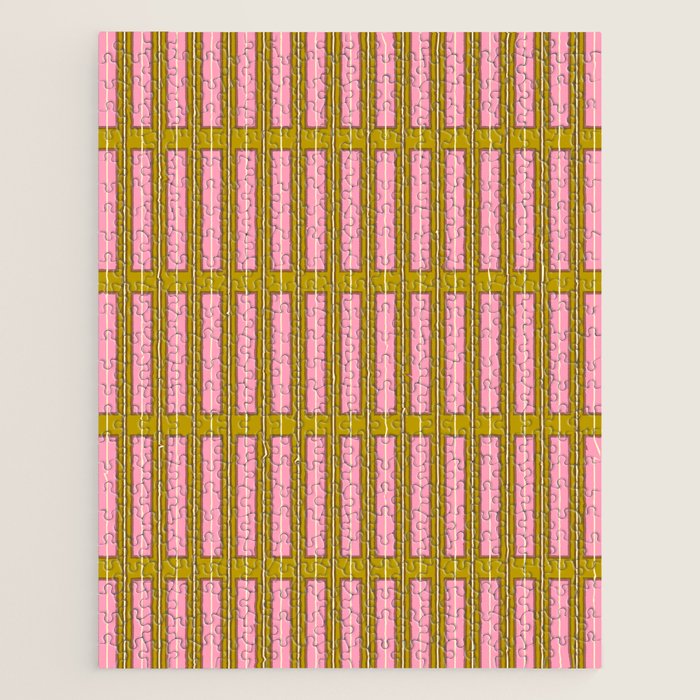 Eclectic Geometric Geo Box Striped Pattern in Pink Brown Chartreuse Cream Jigsaw Puzzle Gallery Image 1