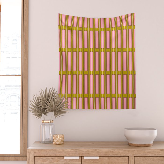 Eclectic Geometric Geo Box Striped Pattern in Pink Brown Chartreuse Cream Wall Tapestry Gallery Image 2
