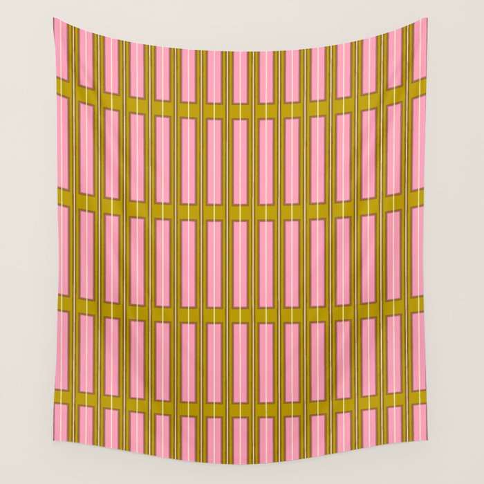 Eclectic Geometric Geo Box Striped Pattern in Pink Brown Chartreuse Cream Wall Tapestry Gallery Image 4