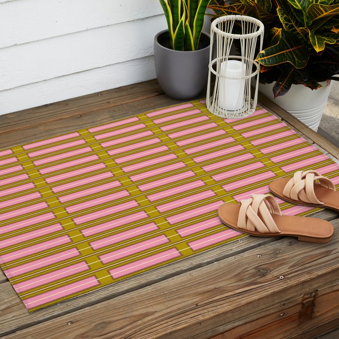 Eclectic Geometric Geo Box Striped Pattern in Pink Brown Chartreuse Cream Outdoor Rug Gallery Image 2