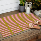 Eclectic Geometric Geo Box Striped Pattern in Pink Brown Chartreuse Cream Outdoor Rug Gallery Image 2