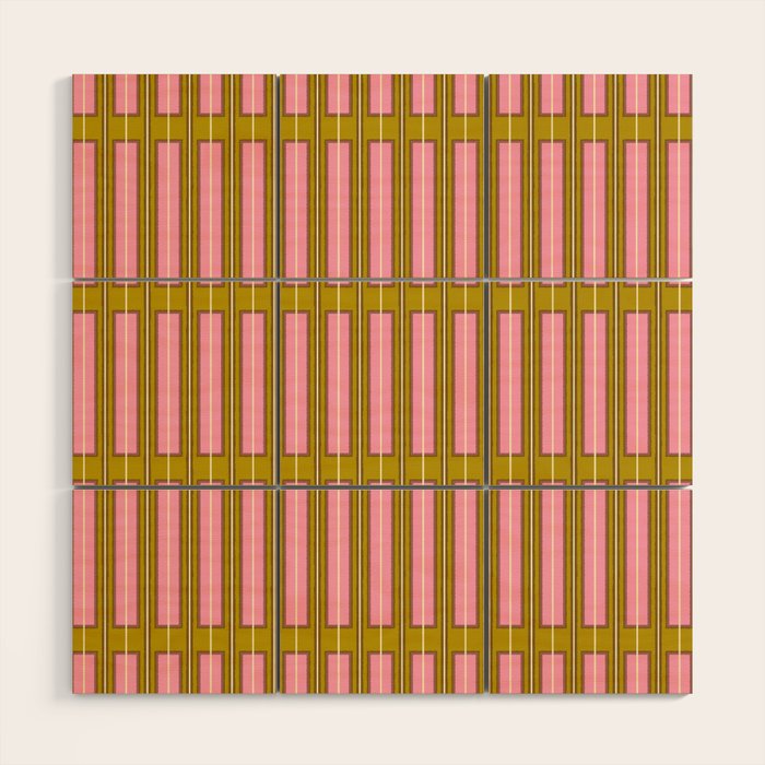 Eclectic Geometric Geo Box Striped Pattern in Pink Brown Chartreuse Cream Wood Wall Art Gallery Image 1
