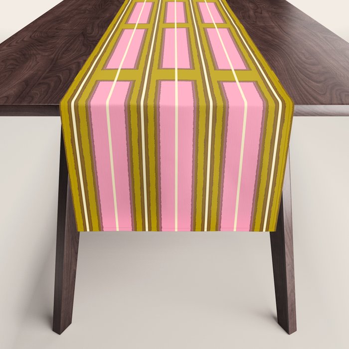 Eclectic Geometric Geo Box Striped Pattern in Pink Brown Chartreuse Cream Table Runner Gallery Image 1