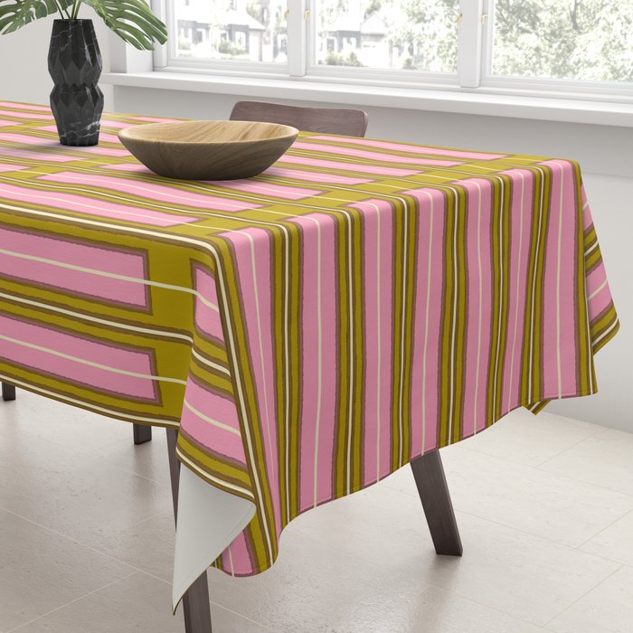 Eclectic Geometric Geo Box Striped Pattern in Pink Brown Chartreuse Cream Tablecloth Gallery Image 3