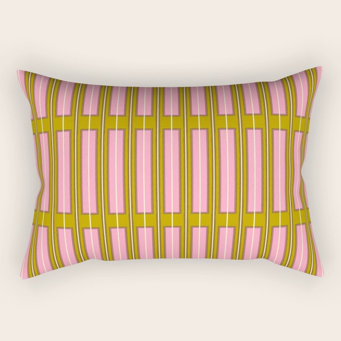 Eclectic Geometric Geo Box Striped Pattern in Pink Brown Chartreuse Cream Rectangular Pillow Gallery Image 2