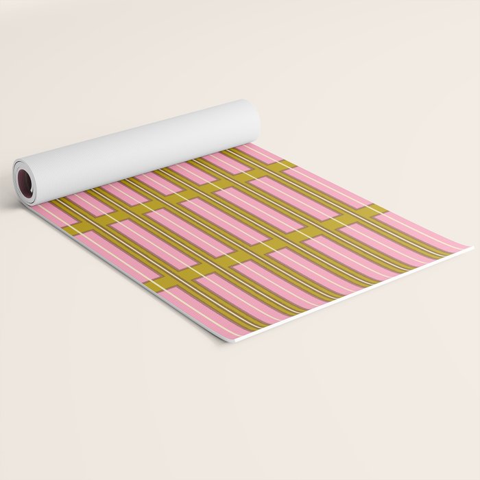 Eclectic Geometric Geo Box Striped Pattern in Pink Brown Chartreuse Cream Yoga Mat Gallery Image 2