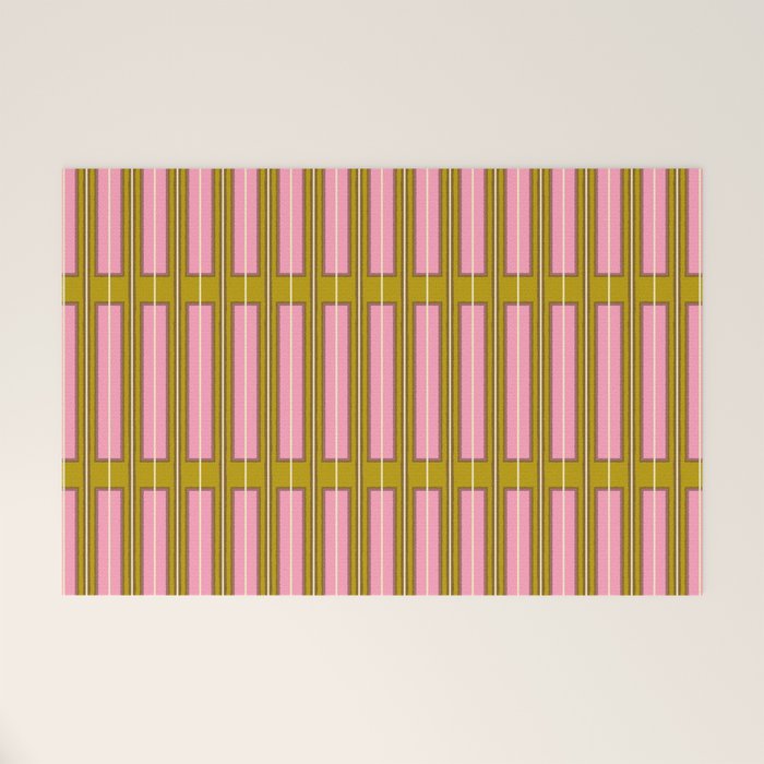 Eclectic Geometric Geo Box Striped Pattern in Pink Brown Chartreuse Cream Welcome Mat Gallery Image 1