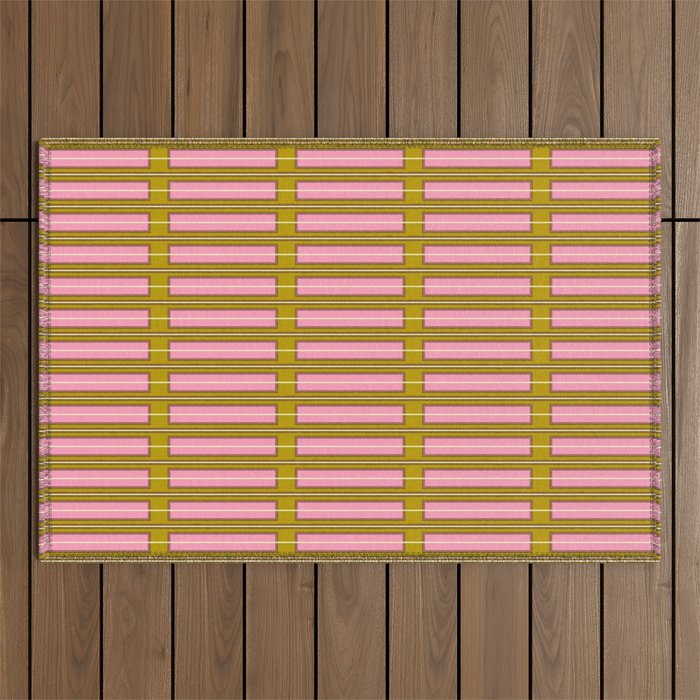 Eclectic Geometric Geo Box Striped Pattern in Pink Brown Chartreuse Cream Outdoor Rug Gallery Image 1