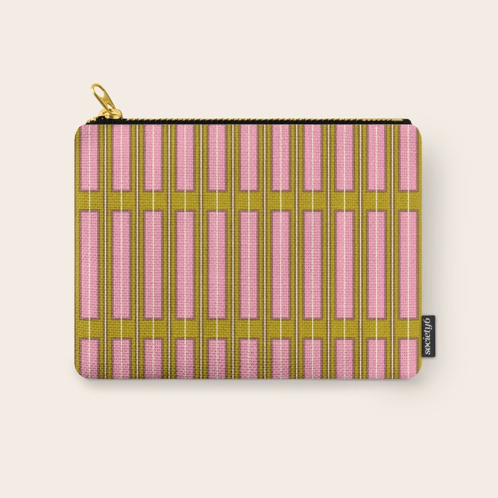 Eclectic Geometric Geo Box Striped Pattern in Pink Brown Chartreuse Cream Carry All Pouch Gallery Image 1
