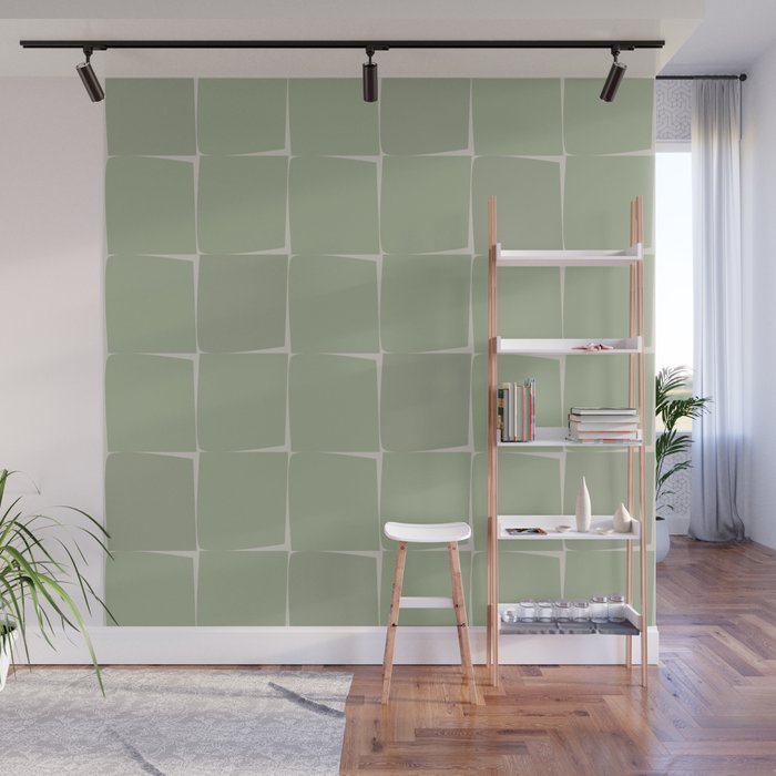 Sage Green Flux Midcentury Modern Check Grid Pattern Wall Mural Gallery Image 1