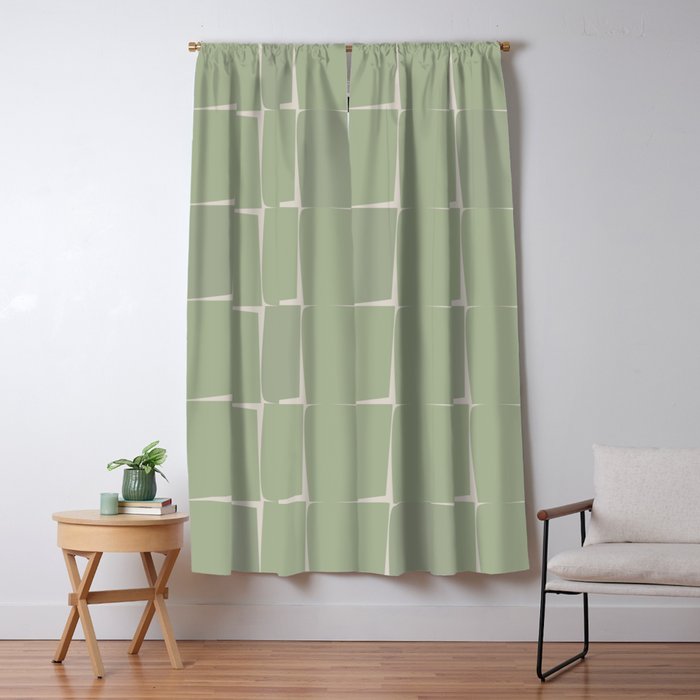 Sage Green Flux Midcentury Modern Check Grid Pattern Window Curtain Gallery Image 5