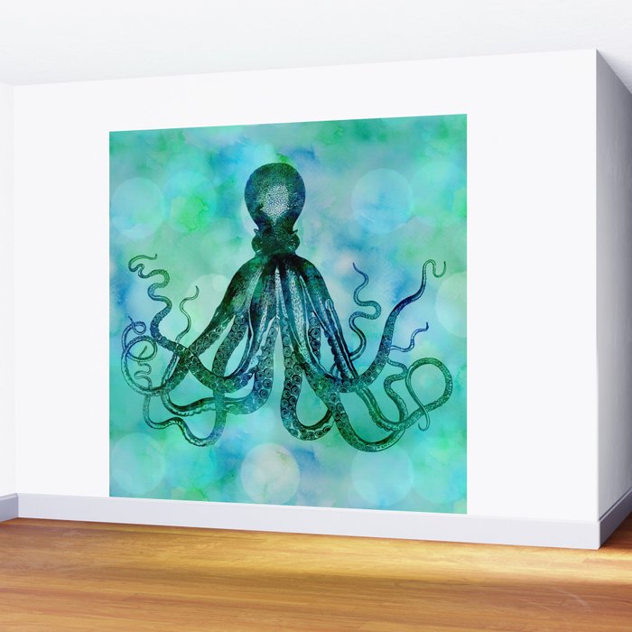 Octopus blue green mixed media underwater artwork Wall Mural Gallery Image 2